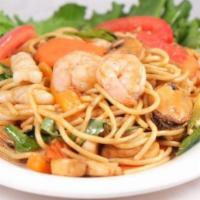 #92. Noodle World Spaghetti · Shrimp, squid, mussels, imitation crab meat and spaghetti pan-fried with vegetables, garlic,...
