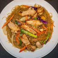 Chicken Japchae · Clear noodle with vegetables and boneless chickens.
