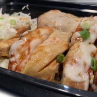 (Special) Oven Chicken & Rice Bowl With Cheese · Roasted boneless chicken thigh, cheese, and coleslaw on top of rice. It is a perfect meal fo...