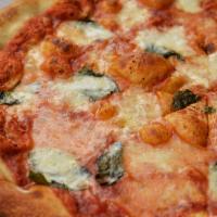 Ny Margherita · Thin crust NY pizza, NY sauce, fresh mozzarella, fresh basil. EVOO, sea salt