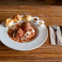 Rigatoni Meatball Pasta · Homemade meatball, pomegranate marinara, and mozzarella cheese.