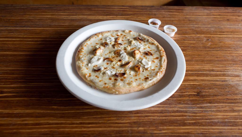 Three Cheese And Honey Roasted Garlic Pizza · White sauce, mozzarella, ricotta, and goat cheese.