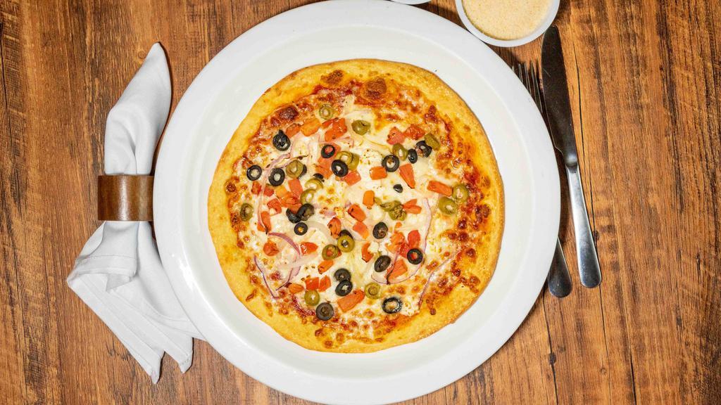 Greek Pizza · Mozzarella, feta, olives, fresh tomatoes, onions, and oregano.