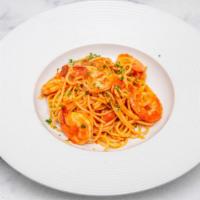 Shrimp Scampi Spaghetti · spaghetti pasta, diced tomatoes with roasted garlic, white wine, light tomato sauce, parsley...