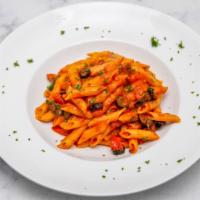 Penne Alla Puttanesca · penne pasta, diced tomatoes with roasted garlic, salted capers, black olives, marinara sauce.