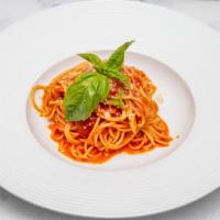 Spaghetti Pomodoro · spaghetti pasta, olive oil, fresh marinara sauce, garlic, parmesan cheese, basil.