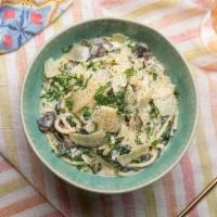 Bucatini In A Mushroom + Spinach Cream Sauce · mushroom, spinach, roasted garlic, cream + basil