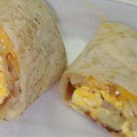 Breakfast Burrito · 2 Scrambled Eggs, Potatoes, Bacon & Sausage, Pico de Gallo & Cheese. Choice of rice or beans.