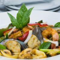 Combination Seafood · Hot and spicy. Sautéed shrimp, squid, crab, clam, mussels with ginger, mushroom and lemongra...