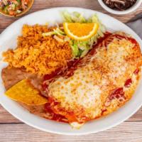 Burritos · Choice of carne asada, carnitas, chicken or chile relleno with rice and beans, topped with r...