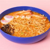 Shoyu Ramen · Soy-based ramen with thick noodles and 2 slices of pork belly chashu, garnished with bamboo ...