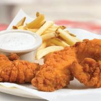 Kids Chicken Tenders · Perfect for dipping, our lightly breaded chicken tenders are served with their choice of dip...