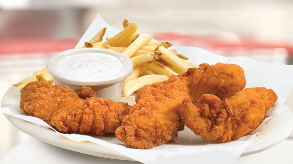 Kids Chicken Tenders · Perfect for dipping, our lightly breaded chicken tenders are served with their choice of dipping sauce.