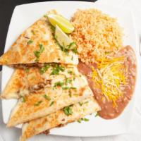 Quesadilla With Meat Combo · Quesadilla, your choice meat & monterey jack cheese, served with a side of rice
and beans & ...