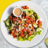 All Hands On Greek Salad · (Vegetarian) Romaine lettuce, cucumbers, tomatoes, red onions, olives, and feta cheese tosse...