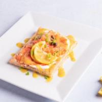 Salmon Special Crepe · Smoked Salmon, creme fresh, capers, green onions and lemon. drizzled with a honey mustard di...