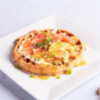 Salmon Special Waffle · Smoked Salmon, creme fresh, capers, green onions and lemon. drizzled with a honey mustard di...