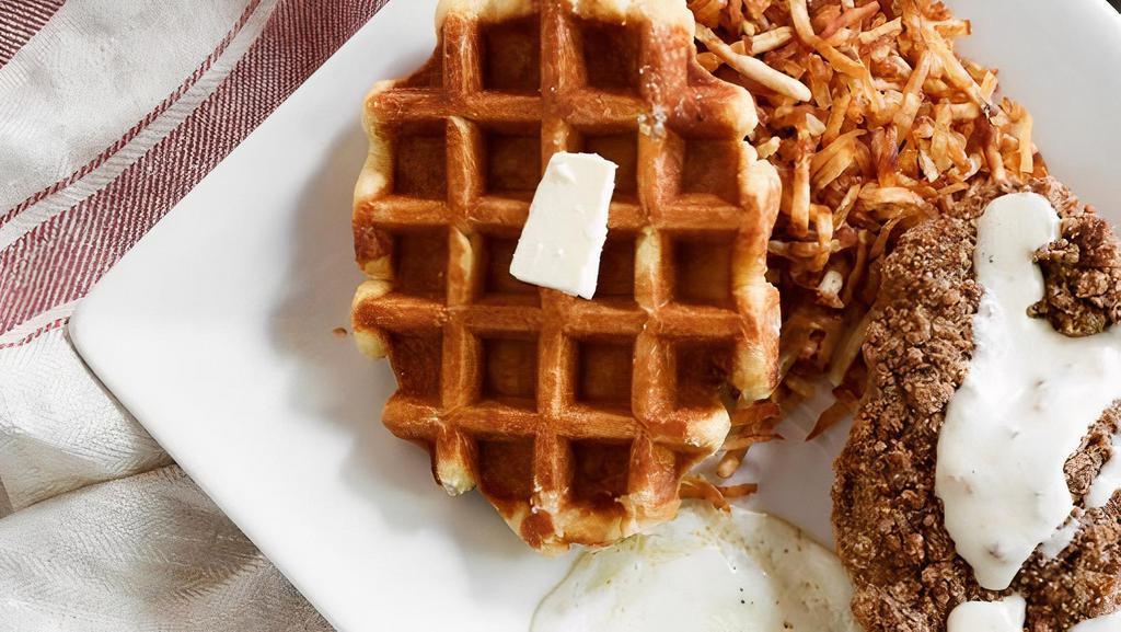 Country Fried Chicken & Chicken And Waffle · Southern style fried chicken breast topped with white gravy & egg sunny side up. belgian waffle, and choice of crispy hashbrowns, seasoned fries, or house salad