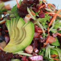 La Mista · Mixed greens, carrots, tomatoes, cucumber, avocado, Evoo, and Modena balsamic vinegar.