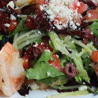 Gamberoni Salad · Mixed greens, cucumber, tomatoes, marinated red onions, calamata olives, feta, sautéed shrim...