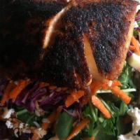 Arugula Salmon Salad · Served with baby arugula, blackened salmon, goat cheese, red apples, roasted coconuts, beets...