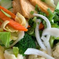 Vege & Tofu (Vege Broth) - Small · Broccoli, Cauliflower, Bok Choy, Cabbage, Napa, Carrots, Tofu, Green onion, Sweet Onion, Cil...