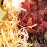 Ground Beef Burrito Bowl · Ground beef over Mexican rice, black beans, and salsa.