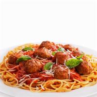 Spaghetti Meatball · Served with garlic bread.