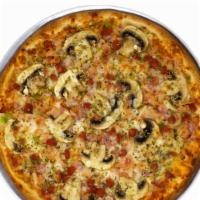 Large Makhloot Pizza · Made with homemade tomato sauce, mozzarella cheese, German sausage, mushrooms, ham, mortadel...