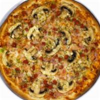 Medium Makhloot Pizza · Made with homemade tomato sauce, mozzarella cheese, German sausage, mushrooms, ham, mortadel...