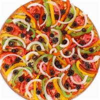 Medium Vegetarian Pizza · Made with homemade tomato sauce, mozzarella cheese, onions, bell peppers, black olives, mush...