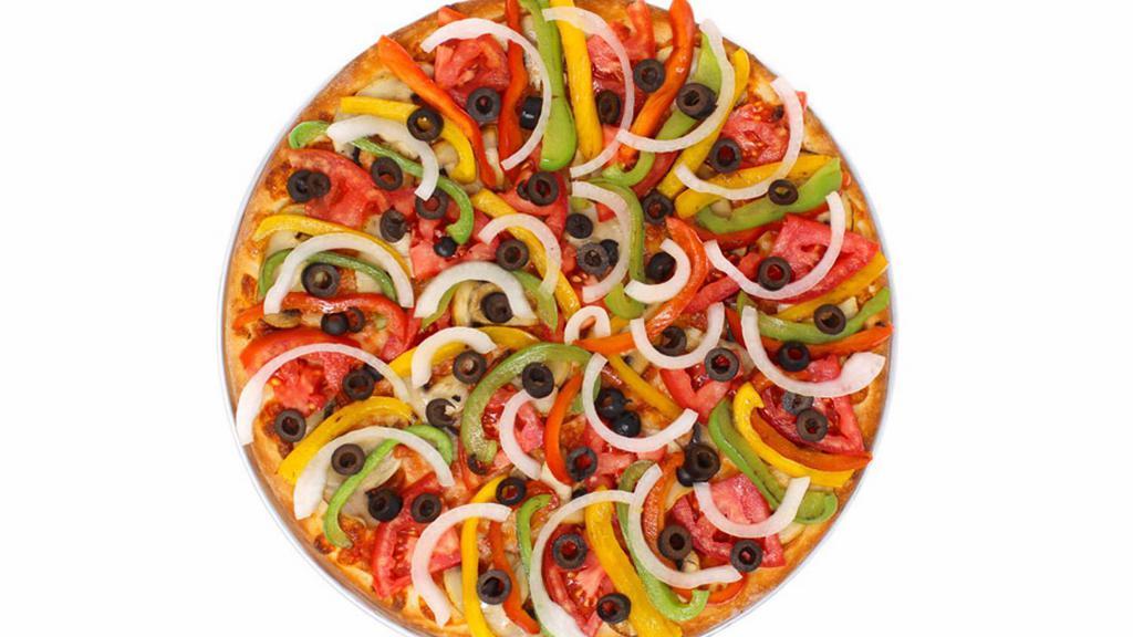 Medium Vegetarian Pizza · Made with homemade tomato sauce, mozzarella cheese, onions, bell peppers, black olives, mushrooms, and tomatoes.