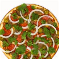 Small Mexican Style Pizza · Made with homemade tomato sauce, mozzarella cheese, chorizo, pepperoni, onions, jalapeño, me...