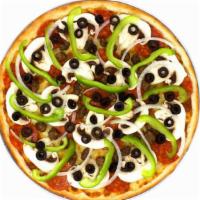 Small Chef'S Deluxe Pizza · Made with homemade tomato sauce, mozzarella cheese, pepperoni, mushrooms, Italian sausage, b...