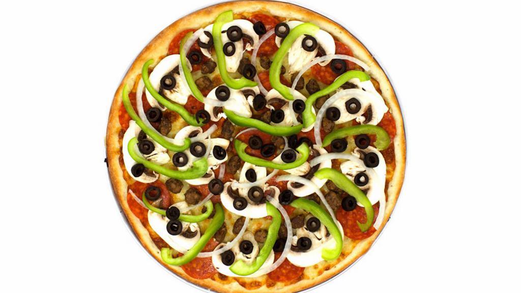 Small Chef'S Deluxe Pizza · Made with homemade tomato sauce, mozzarella cheese, pepperoni, mushrooms, Italian sausage, bell pepper, black olives, onions.