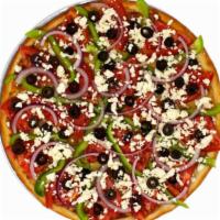 Medium The Greek Pizza · Made with homemade tomato sauce, mozzarella cheese, fresh garlic, onions, bell peppers, toma...