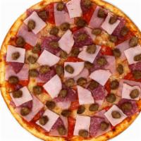 Small Meat Lovers Pizza · Made with homemade tomato sauce, mozzarella cheese, pepperoni, Canadian bacon, Italian sausa...