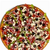 Small The Greek Pizza · Made with homemade tomato sauce, mozzarella cheese, fresh garlic, onions, bell peppers, toma...