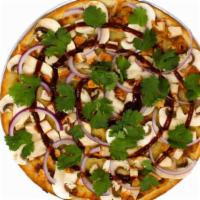 Bbq Chicken Pizza · Made with BBQ sauce, mozzarella cheese, grilled chicken, red onions, mushrooms, and cilantro.