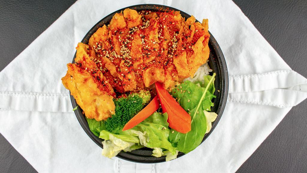 Spicy Crispy Teriyaki Chicken · Breaded white meat chicken, served over steamed white rice and side salad topped with broccoli.