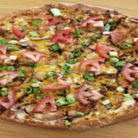 Famous Chicken Pizza · White sauce, diced chicken, mushrooms, red onions, cheddar cheese, green onions, tomato.