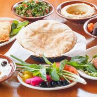 Meze (For 2) · Hummus, tabbouleh, fried kibbeh, labneh, sugok and cheese fatayer.