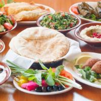 Meze (For 4) · Hummus, tabbouleh, fried kibbeh, labneh, sugok, cheese fatayer, grape leaves, fattoush, bast...