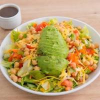 Garden Salad · Romaine, avocado, garbanzo beans, cucumber, tomato, green and red peppers, celery, carrots, ...