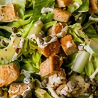 Vegan Caesar Salad · Freshly chopped Romaine Lettuce, Croutons, Shredded Vegan Parmesan & your choice of dressing