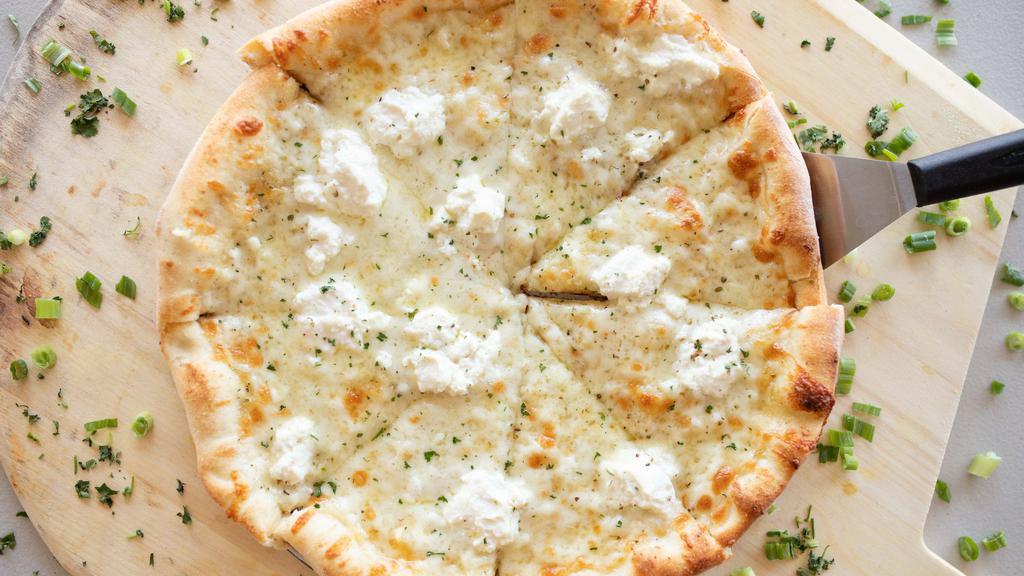 White Pizza (X-Large) · Garlic and oil base, black pepper, mozzarella, ricotta, romano cheese, oregano parsley