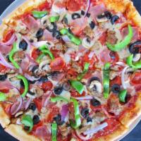 Supreme (X-Large) · Pepperoni, sausage, canadian bacon, mushrooms, red onions, green bell peppers and black oliv...