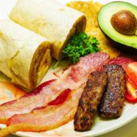 Breakfast Burrito · Egg, cheese, hash browns and choice of bacon or sausage
