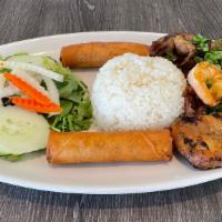 Special Combo Bbq Rice Plate- Cơm Đặc Biệt · Carrot, Lettuce, Radish, Cucumber, Pork, Chicken, Beef, Shrimps and 2 Egg Rolls