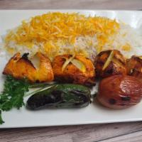#4 Chicken Breast Kebab Plate · Chunks of marinated chicken breast kebab grilled on open flame.
Comes with grilled tomato, s...